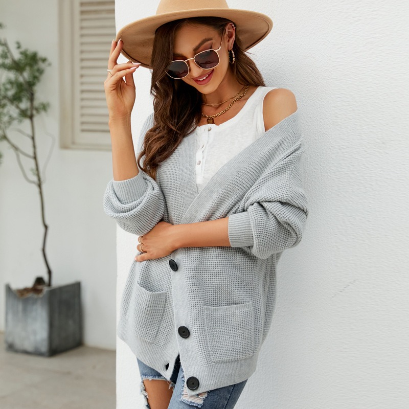 2024 autumn and winter new V-neck loose solid color knitted cardigan outerwear