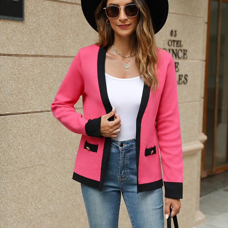 French high-end Chanel style jacket 2024 autumn new casual contrast color V-neck knitted cardigan
