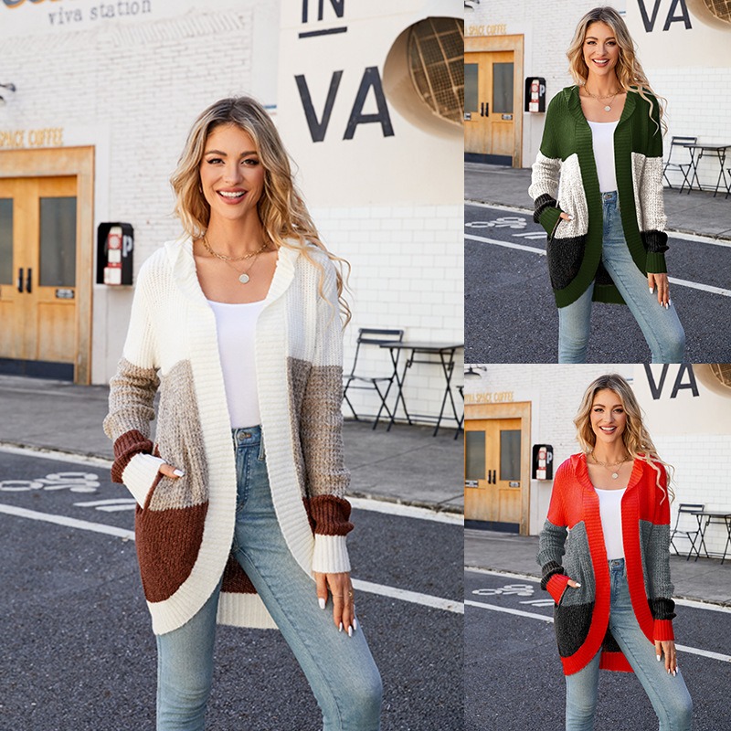 2024 new women's lazy style autumn and winter contrast color casual sweater jacket