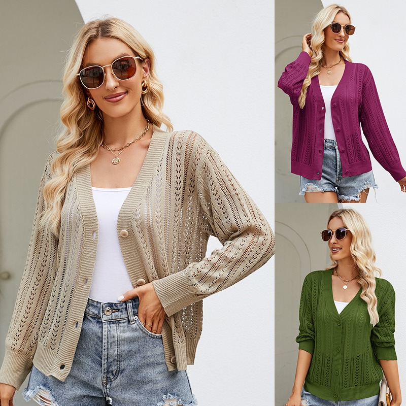 2024 new style temperament hollow V-neck outer wear fashionable versatile knitted cardigan