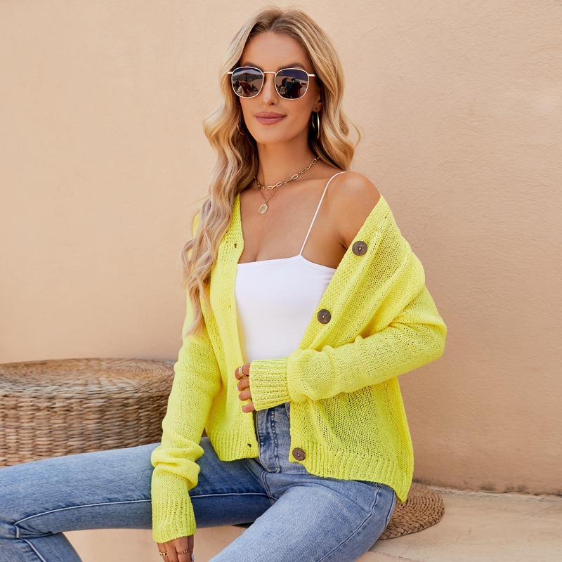 2024 Spring and Summer Women's Wear European and American Casual Raglan Sleeve V-Neck Knitted Cardigan