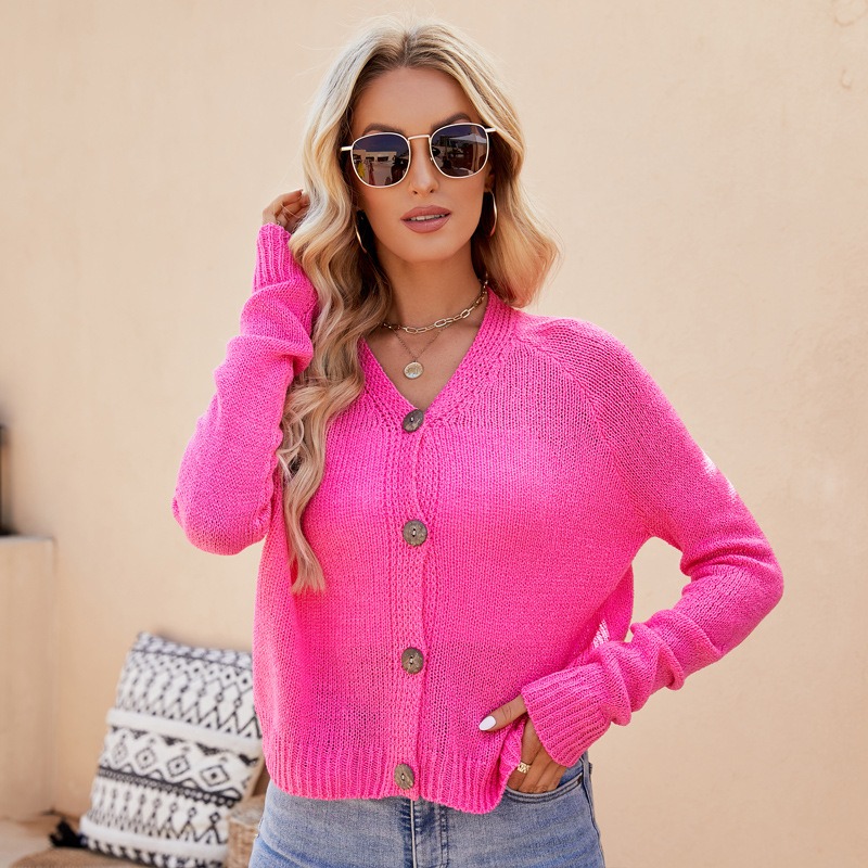 2024 Spring and Summer Women's Wear European and American Casual Raglan Sleeve V-Neck Knitted Cardigan
