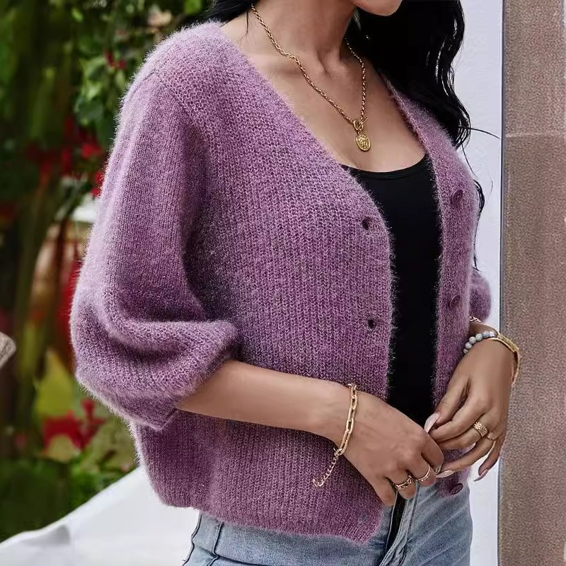 2024 New European and American V-neck Short Purple Loose Three-quarter Sleeve Knitted Cardigan