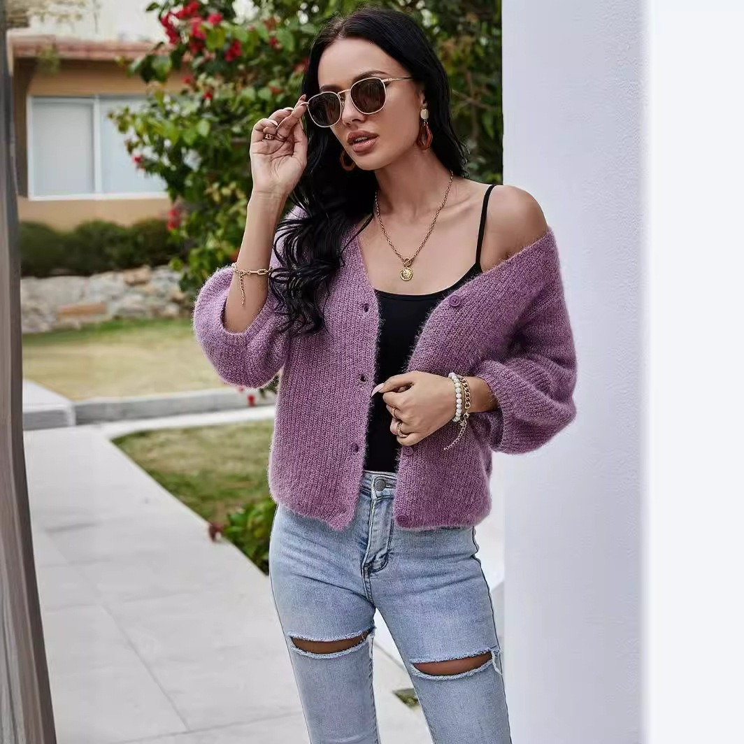 2024 New European and American V-neck Short Purple Loose Three-quarter Sleeve Knitted Cardigan