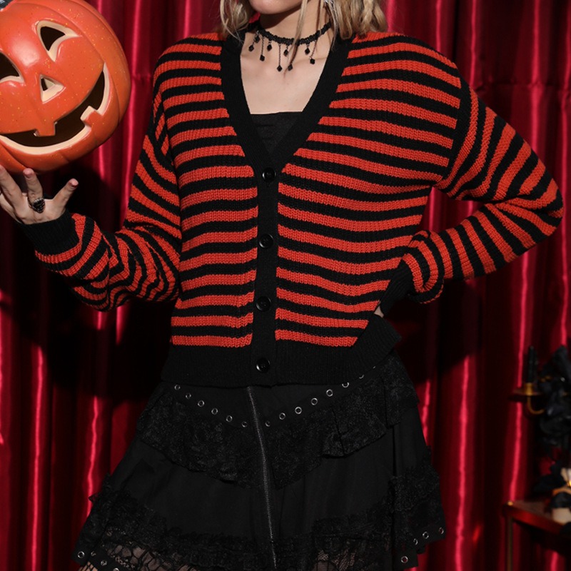 2024 Hot Women's Casual Long Sleeve Halloween Pumpkin Striped V-Neck Knitted Cardigan