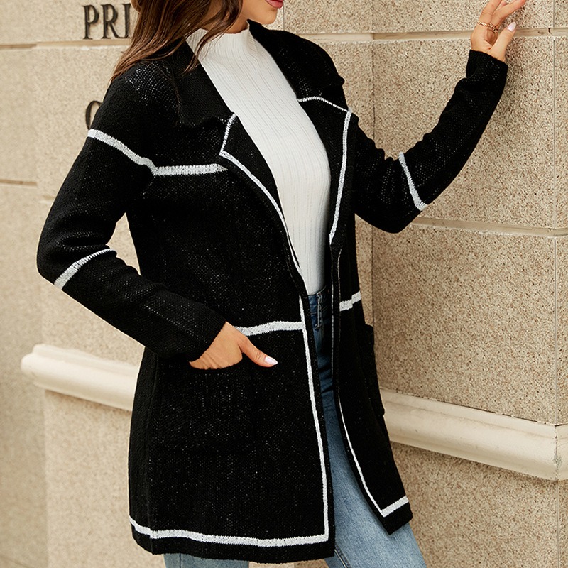 2024 Autumn and Winter Long Sleeve Suit Collar Windbreaker Temperament Slim Fit Long Knitted Cardigan
