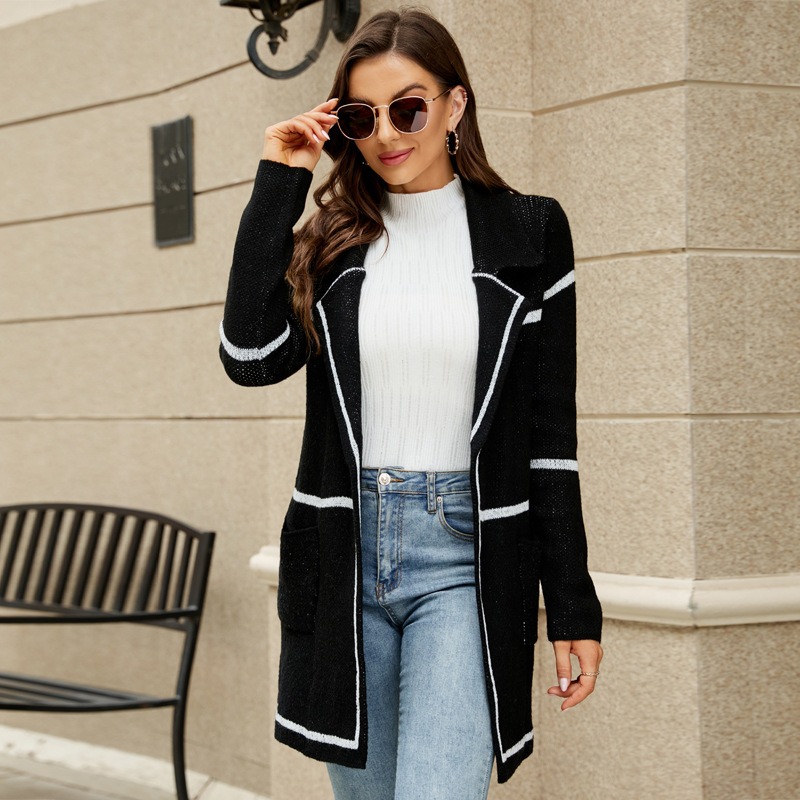 2024 Autumn and Winter Long Sleeve Suit Collar Windbreaker Temperament Slim Fit Long Knitted Cardigan