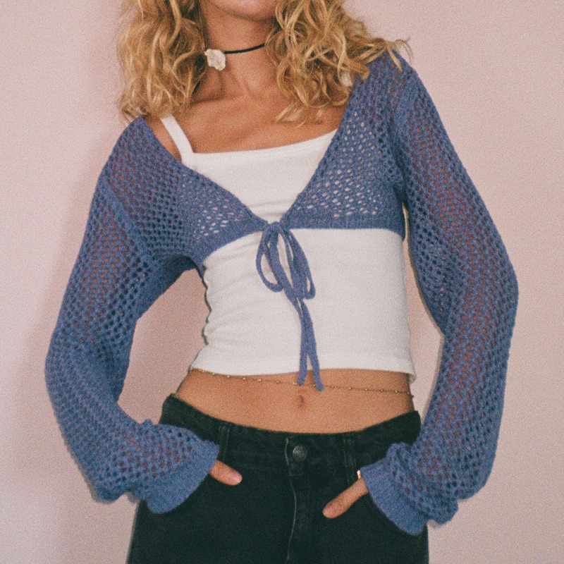 New sexy hollow short knitted top mesh hollow long sleeve solid color lace cardigan outer wear