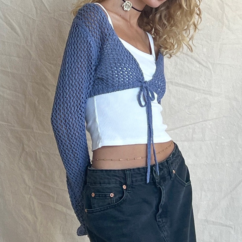 New sexy hollow short knitted top mesh hollow long sleeve solid color lace cardigan outer wear