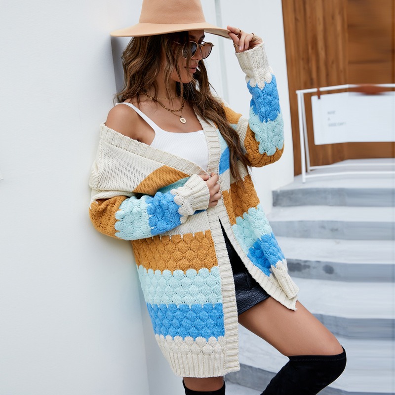 2024 new European and American casual contrast color loose mid-length tops autumn and winter outerwear knitted cardigan