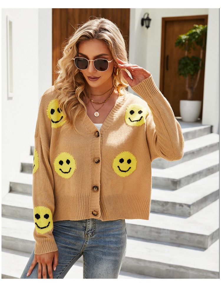 2024 Autumn and Winter Hot Style European and American Women's Smiley Face Long Sleeve Loose Knitted Sweater Jacket