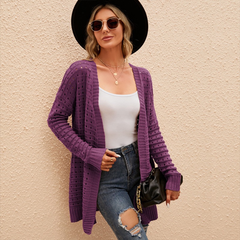Autumn and winter women's solid color hollow long loose versatile long-sleeved knitted sweater cardigan coat
