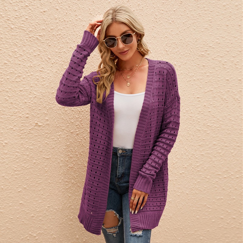 Autumn and winter women's solid color hollow long loose versatile long-sleeved knitted sweater cardigan coat