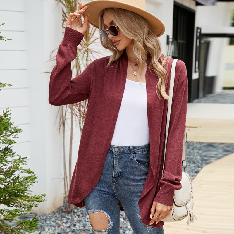 2024 new European and American medium-length temperament loose solid color versatile long-sleeved knitted cardigan