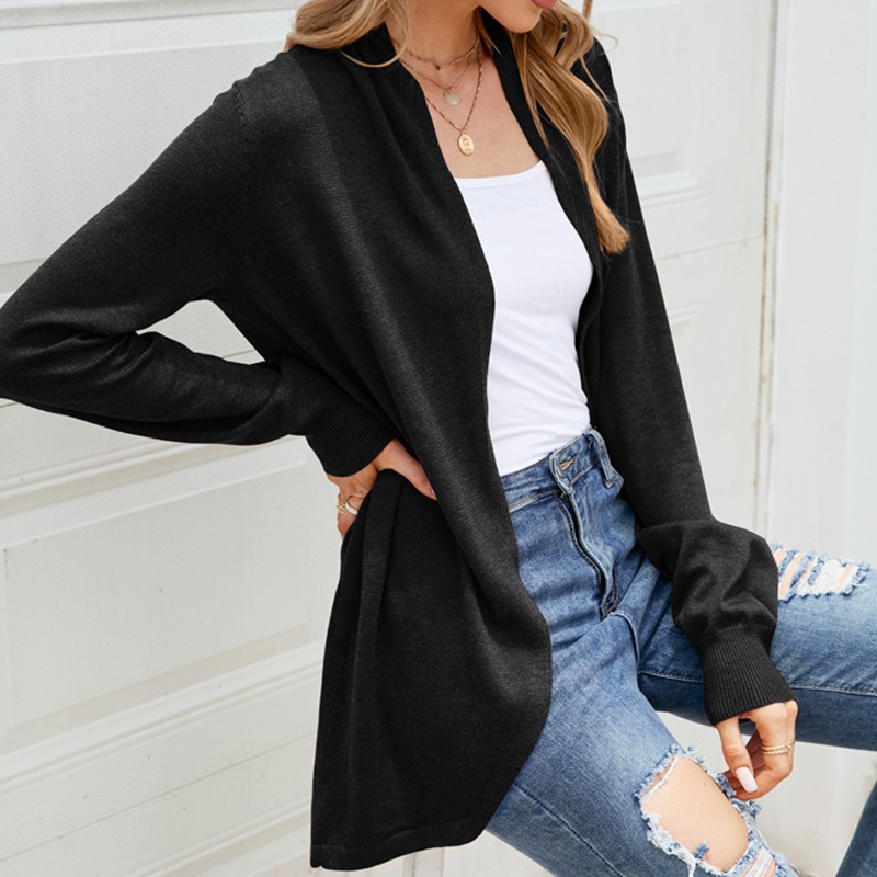 2024 new European and American medium-length temperament loose solid color versatile long-sleeved knitted cardigan