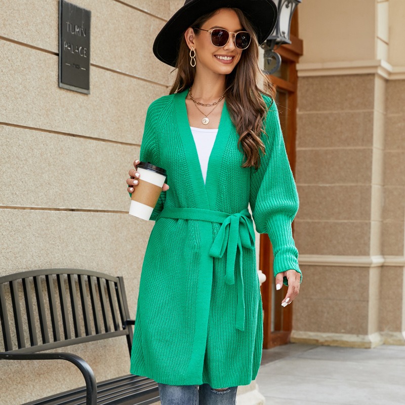 European and American women's clothing strappy V-neck solid color autumn and winter temperament long green knitted sweater cardigan