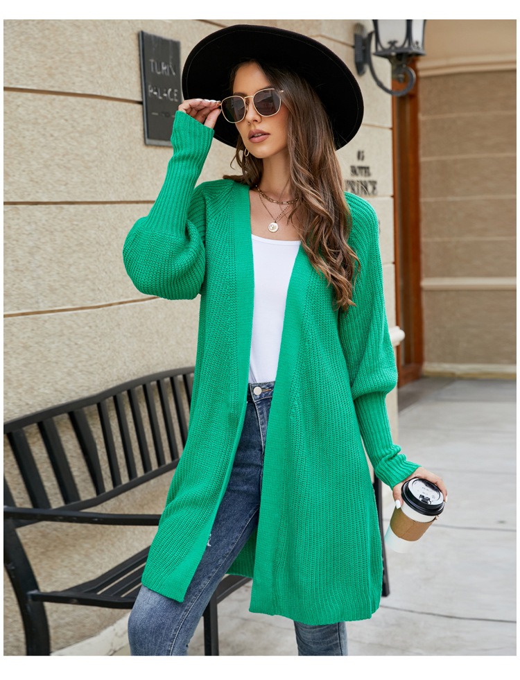 European and American women's clothing strappy V-neck solid color autumn and winter temperament long green knitted sweater cardigan