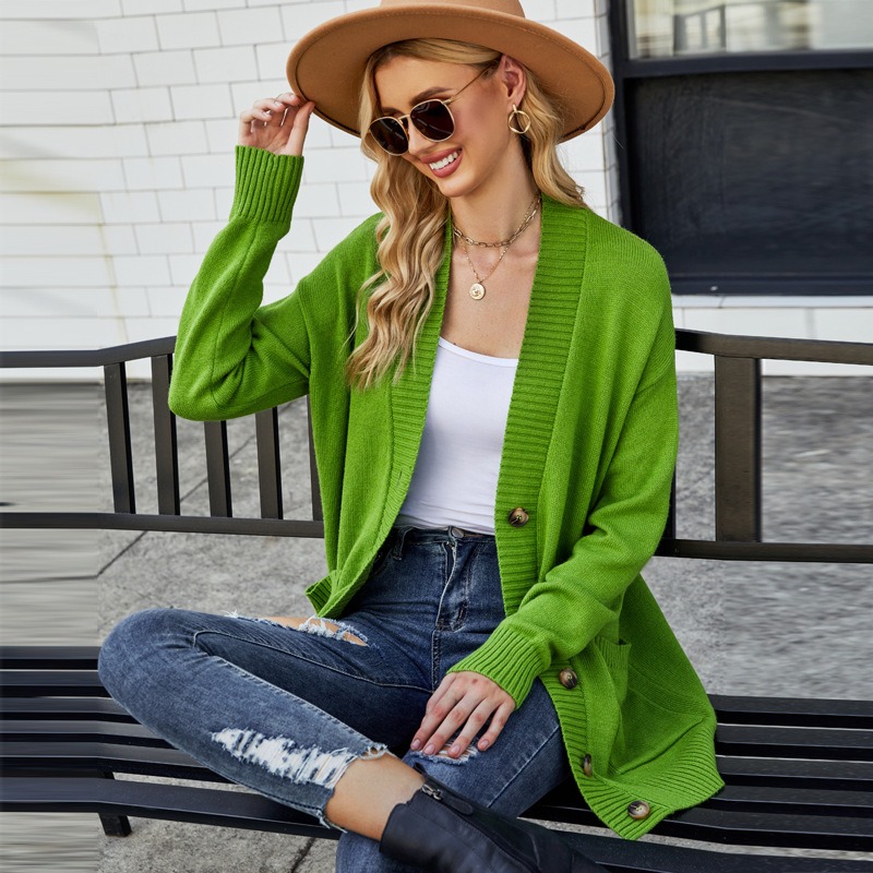 Lazy style V-neck women's autumn and winter new retro mid-length knitted cardigan top