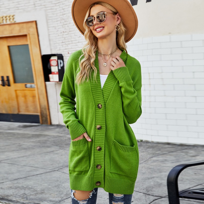 Lazy style V-neck women's autumn and winter new retro mid-length knitted cardigan top