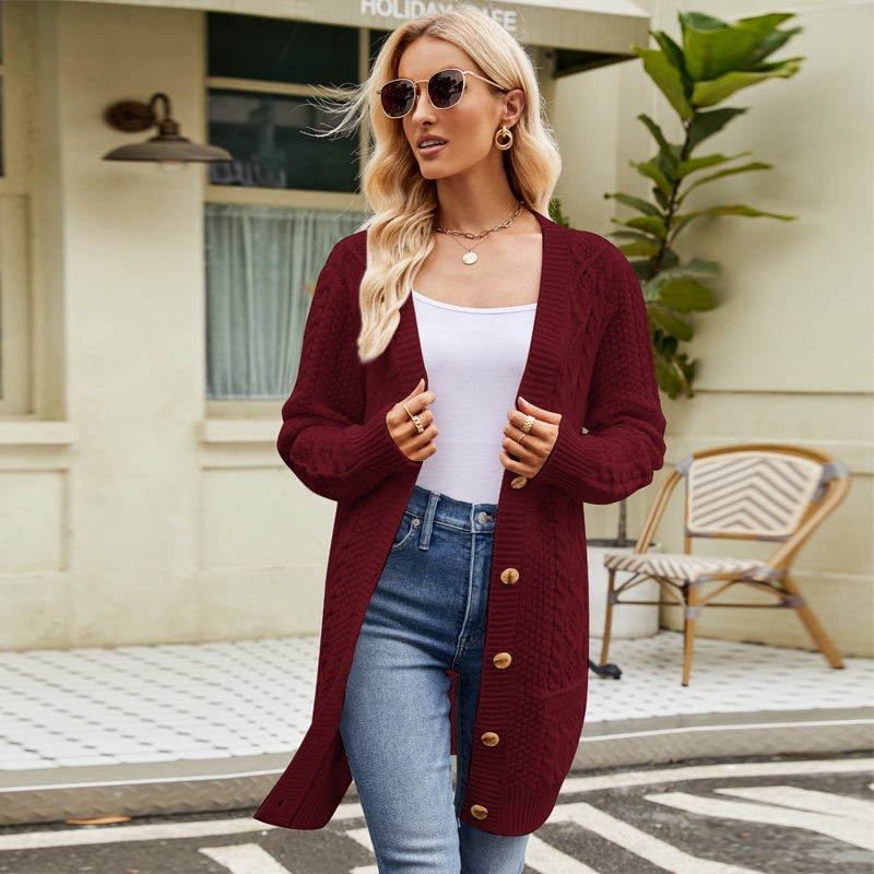 European and American lazy style long coat twisted autumn and winter solid color V-neck knitted cardigan