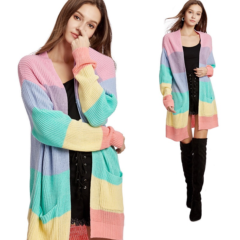 2024 new rainbow color loose long plus size women's knitted cardigan jacket