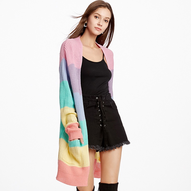 2024 new rainbow color loose long plus size women's knitted cardigan jacket