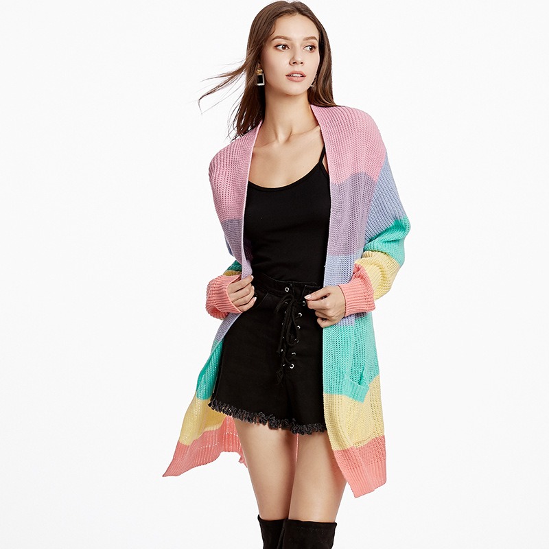 2024 new rainbow color loose long plus size women's knitted cardigan jacket