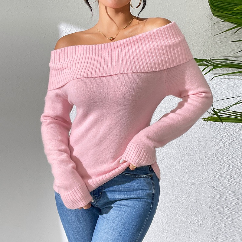 Slim Lapel One Shoulder Sexy Off Shoulder Solid Color Pullover sweater