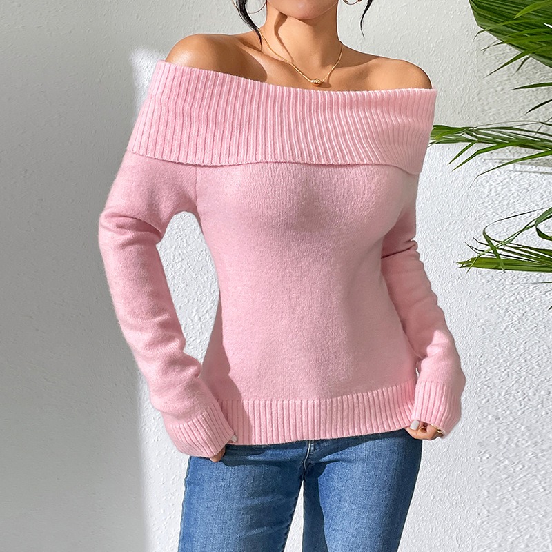 Slim Lapel One Shoulder Sexy Off Shoulder Solid Color Pullover sweater