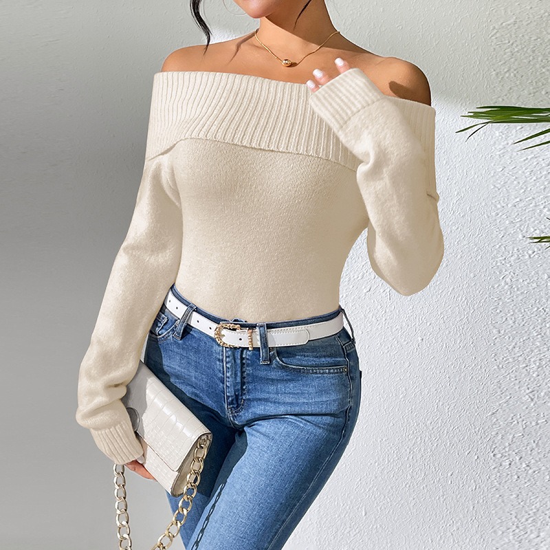 Slim Lapel One Shoulder Sexy Off Shoulder Solid Color Pullover sweater