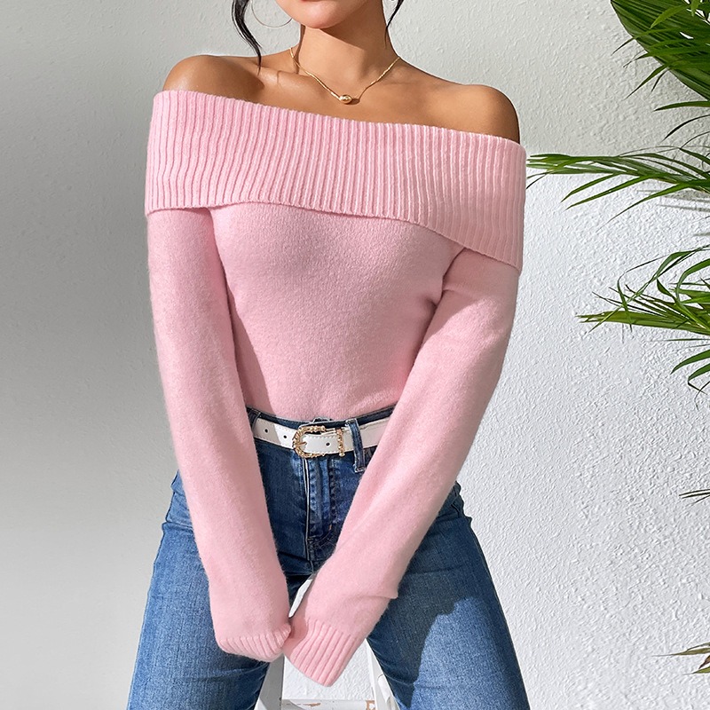 Slim Lapel One Shoulder Sexy Off Shoulder Solid Color Pullover sweater