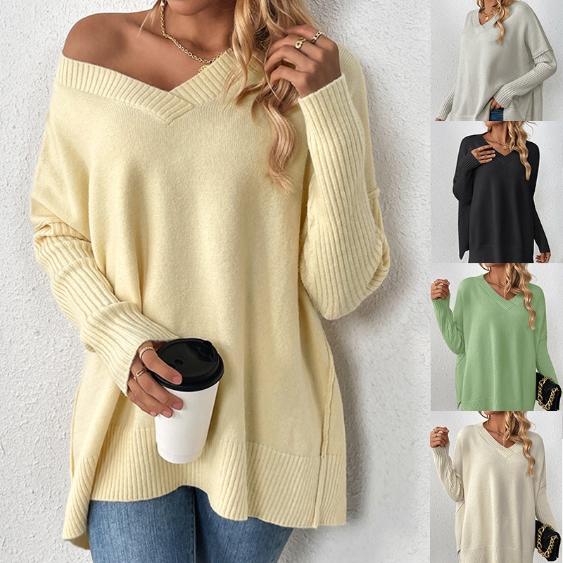 New long-sleeved V-neck casual stitching knitted pullover