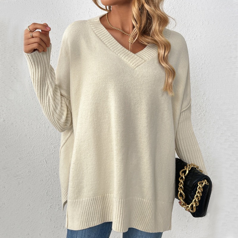 New long-sleeved V-neck casual stitching knitted pullover