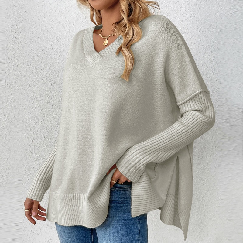 New long-sleeved V-neck casual stitching knitted pullover
