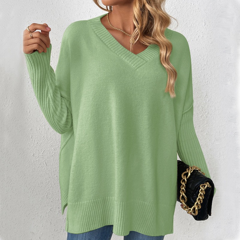 New long-sleeved V-neck casual stitching knitted pullover