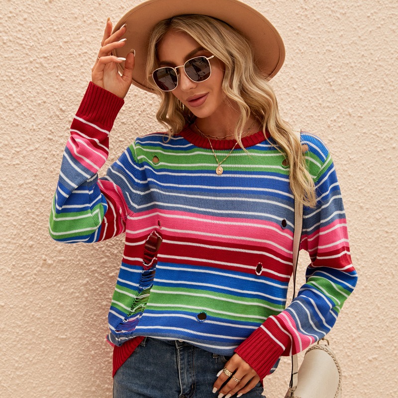 Colorful Long-Sleeved Round-Neck Striped Loose Casual Contrast Color Hole Pullover Sweater
