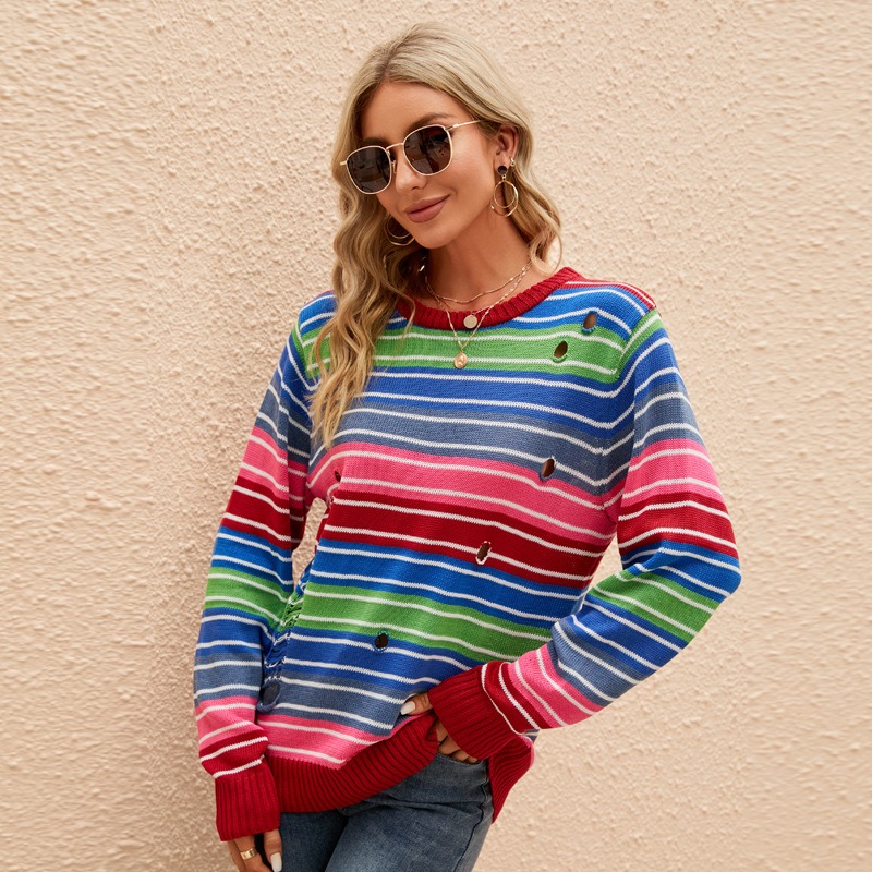 Colorful Long-Sleeved Round-Neck Striped Loose Casual Contrast Color Hole Pullover Sweater