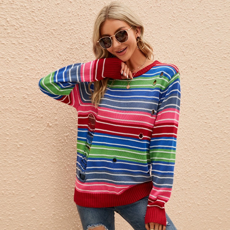 Colorful Long-Sleeved Round-Neck Striped Loose Casual Contrast Color Hole Pullover Sweater