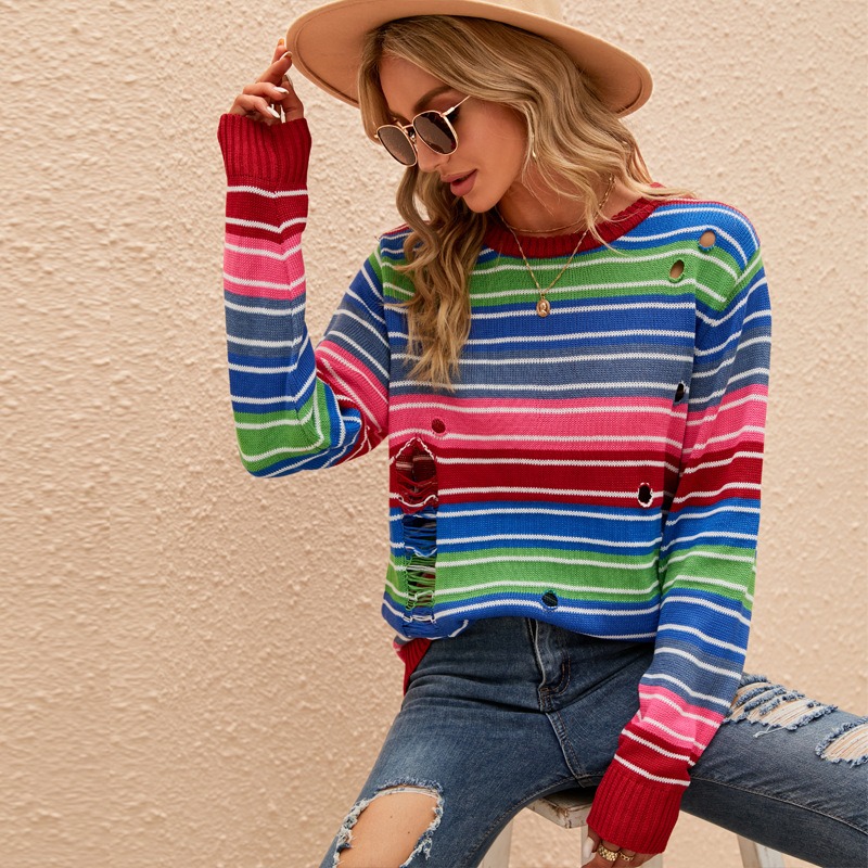 Colorful Long-Sleeved Round-Neck Striped Loose Casual Contrast Color Hole Pullover Sweater