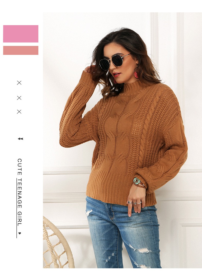 Autumn and winter popular European and American plus size women's clothing fluorescent color long sleeve twist loose half turtleneck pullover sweater women