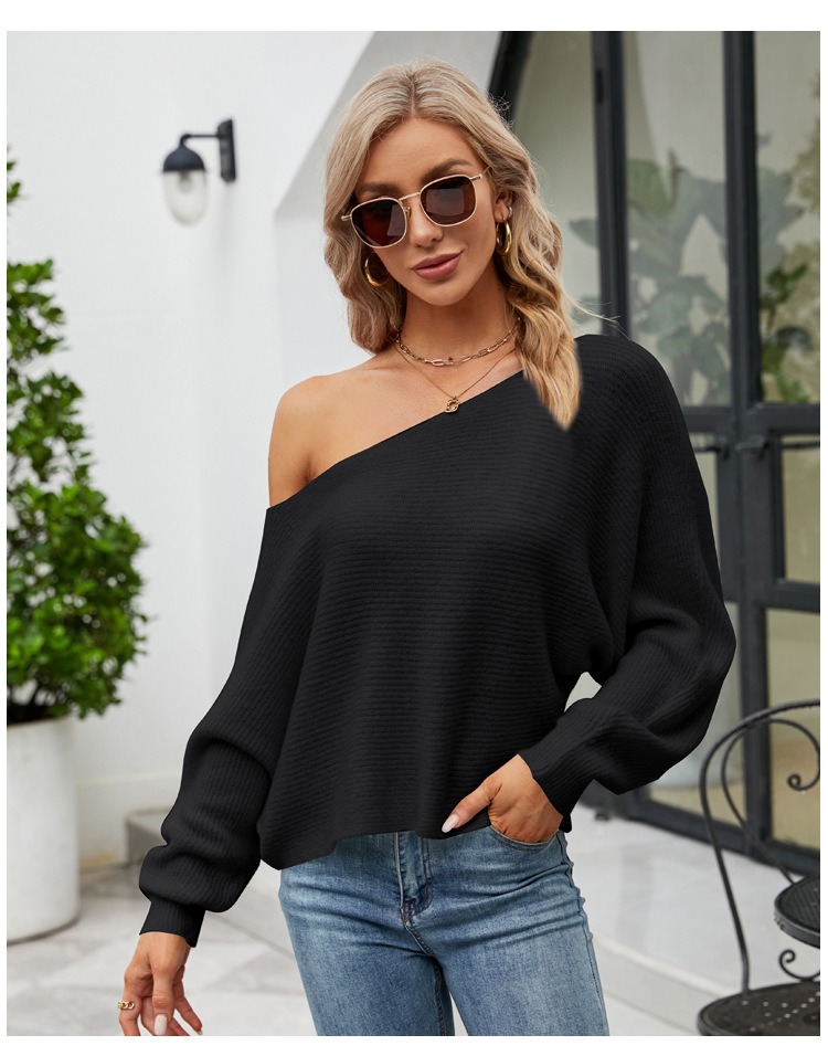 European and American autumn and winter new sexy off-shoulder solid color loose bat sleeve knitted sweater top