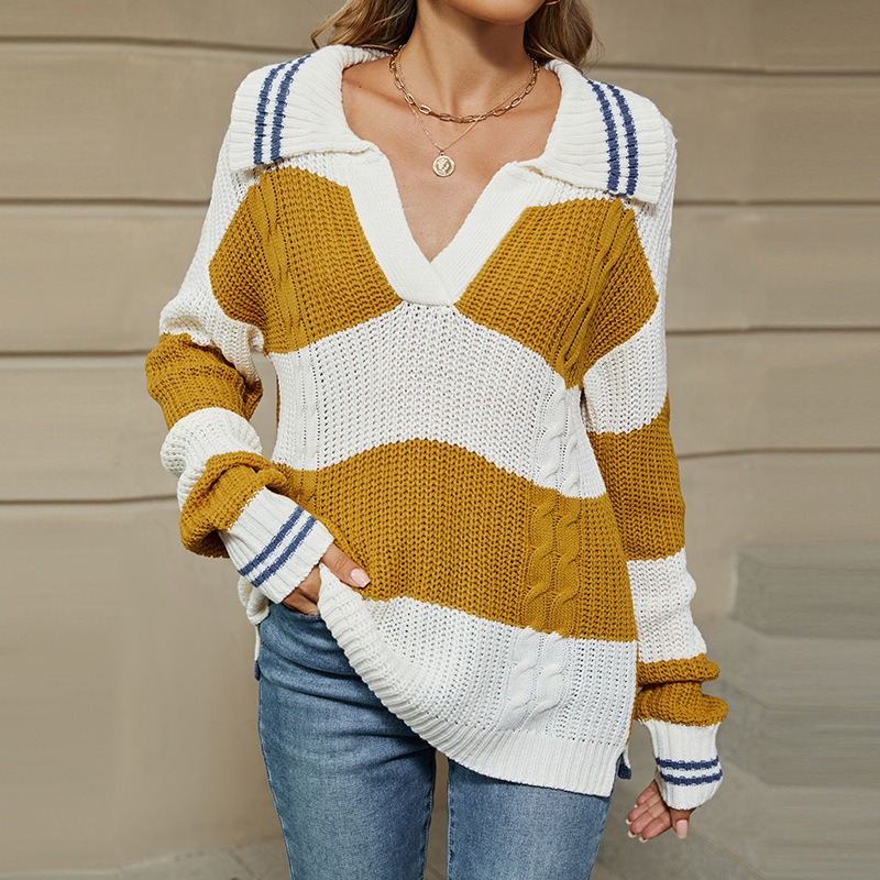 2024 European and American autumn and winter women's POLO collar striped loose lazy knitted pullover sweater