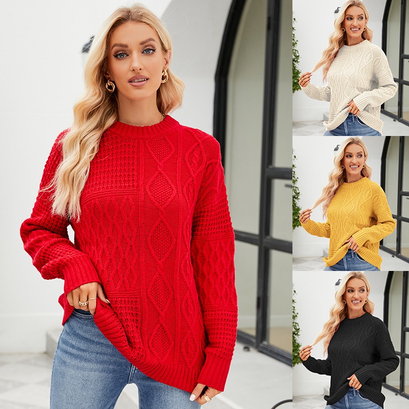 2024 autumn and winter hot style twist casual solid color lazy style autumn and winter loose round neck pullover sweater