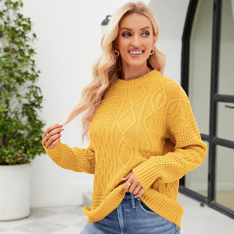 2024 autumn and winter hot style twist casual solid color lazy style autumn and winter loose round neck pullover sweater