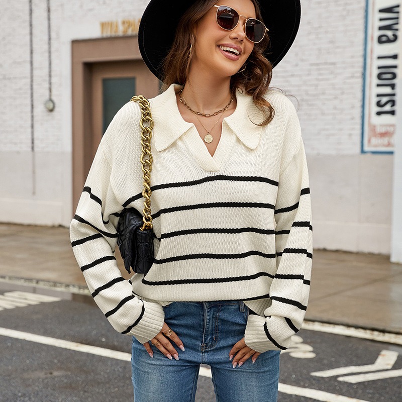 2024 autumn and winter European and American popular casual POLO collar new large size striped pullover knitted sweater