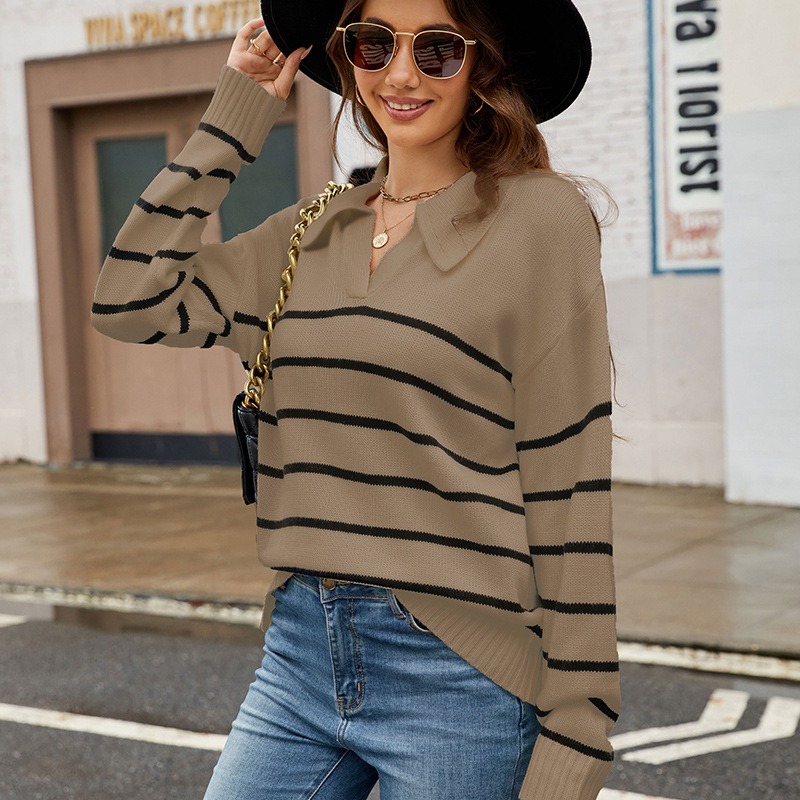 2024 autumn and winter European and American popular casual POLO collar new large size striped pullover knitted sweater