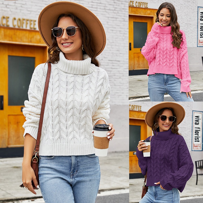 European and American autumn and winter thick twist solid color casual loose pullover ladies short knitted sweater