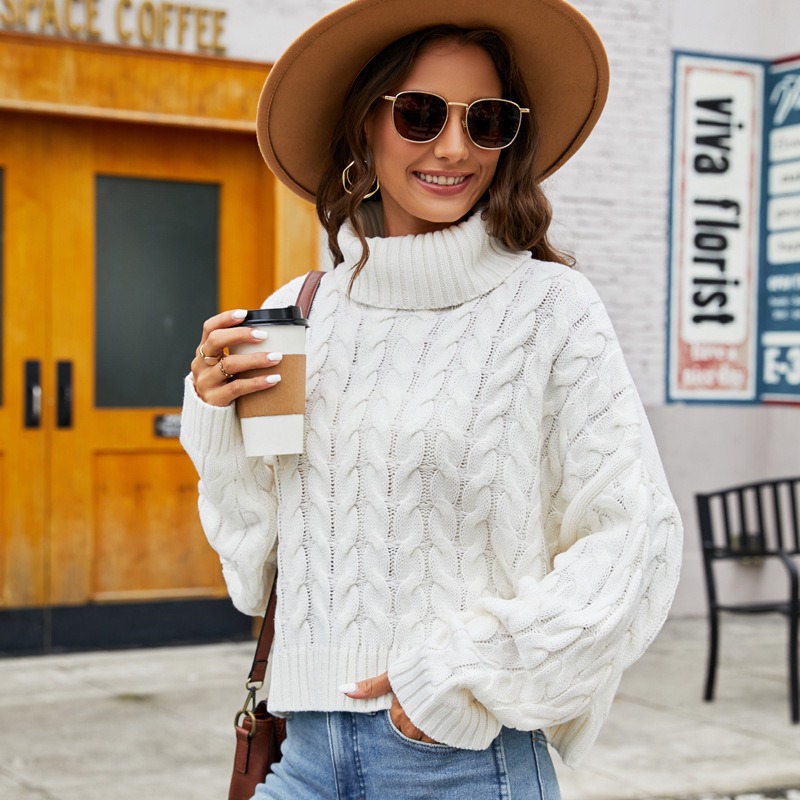 European and American autumn and winter thick twist solid color casual loose pullover ladies short knitted sweater