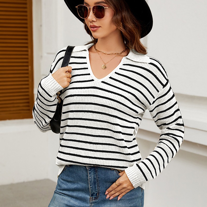 European and American women's autumn and winter new striped casual loose long-sleeved simple style pullover knitted cardigan