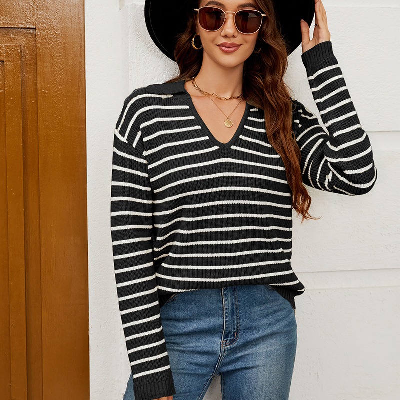 European and American women's autumn and winter new striped casual loose long-sleeved simple style pullover knitted cardigan
